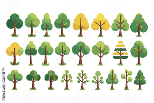Obraz Trees set in Scandinavian kids style.Flat Vector Trees for Design elements with leaves, branches and trunks. Doodle naive forest plants. Diverse Set of Stylized Tree Illustrations in Flat Vector Style