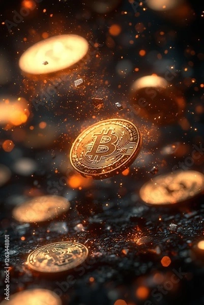 Fototapeta Glowing Bitcoin coin floating in a futuristic digital space, symbolizing cryptocurrency, blockchain technology, and decentralized finance