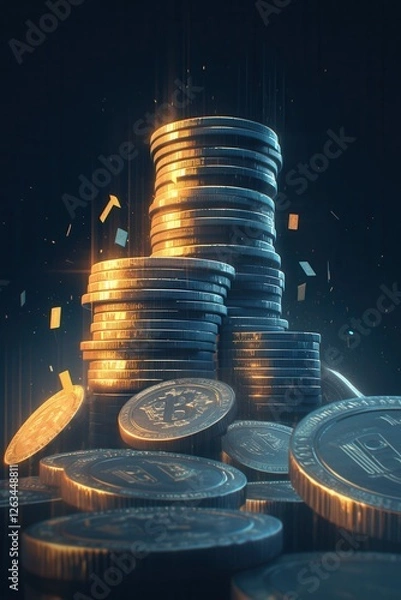Fototapeta Stacks of glowing coins in a futuristic setting, symbolizing wealth, digital finance, cryptocurrency, and economic growth