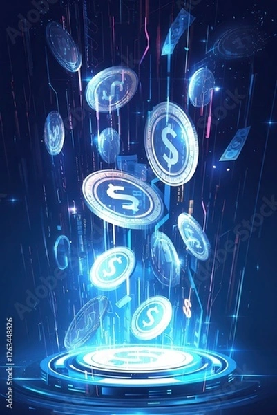 Fototapeta Futuristic glowing digital coins floating above a high-tech platform, symbolizing virtual currency, financial technology, and the future of digital finance