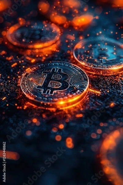 Fototapeta Glowing Bitcoin coins on a futuristic digital surface, symbolizing cryptocurrency, blockchain technology, and decentralized finance