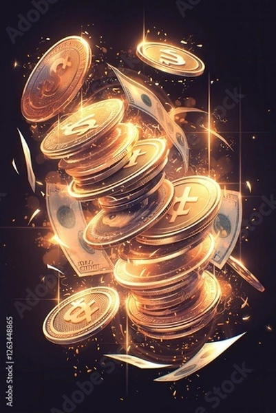 Fototapeta Stacks of glowing cryptocurrency coins and floating banknotes, symbolizing digital finance, wealth, and economic growth in a futuristic concept