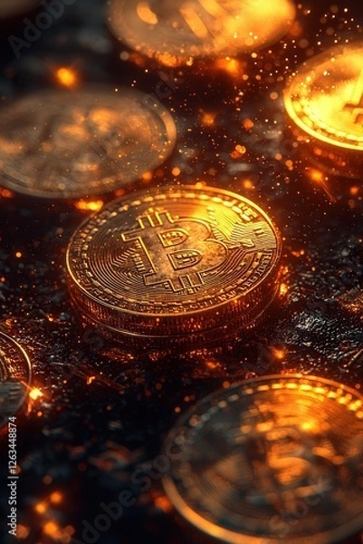 Fototapeta Shiny Bitcoin coins with a glowing effect on a futuristic surface, symbolizing cryptocurrency, blockchain technology, and digital finance
