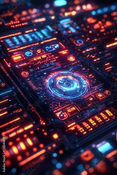 Obraz Futuristic high-tech circuit board with glowing neon interfaces, symbolizing artificial intelligence, digital innovation, and advanced computing