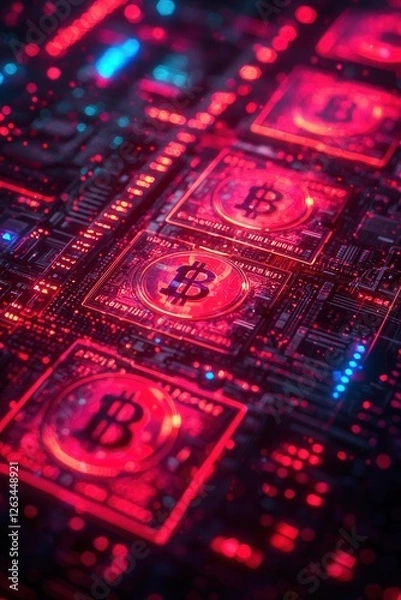 Fototapeta Futuristic glowing Bitcoin chips integrated into a high-tech circuit board, symbolizing blockchain technology, cryptocurrency, and digital finance