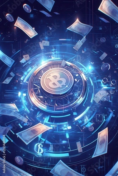 Obraz Futuristic digital currency concept with glowing Bitcoin symbol, floating banknotes, and a high-tech cyber interface, representing blockchain and financial innovation