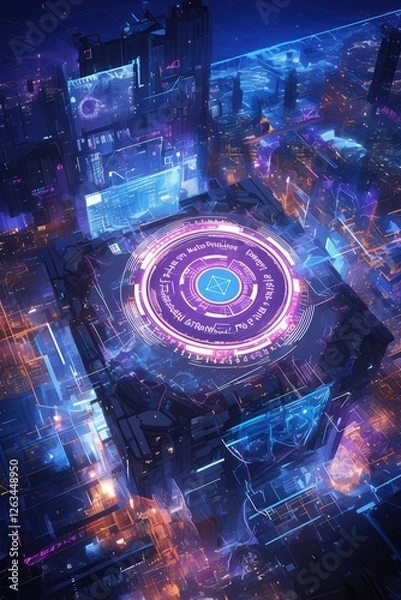Fototapeta Futuristic high-tech cityscape with a glowing circular digital hub, symbolizing advanced technology, artificial intelligence, and cyberspace innovation