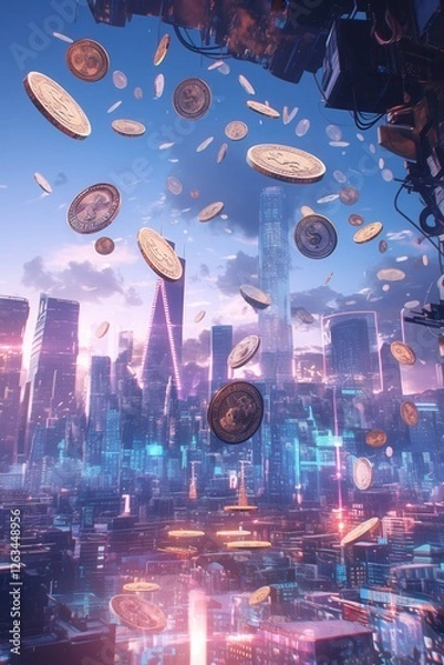 Fototapeta Futuristic city skyline with floating digital coins, symbolizing cryptocurrency, finance, and the technological evolution of the global economy