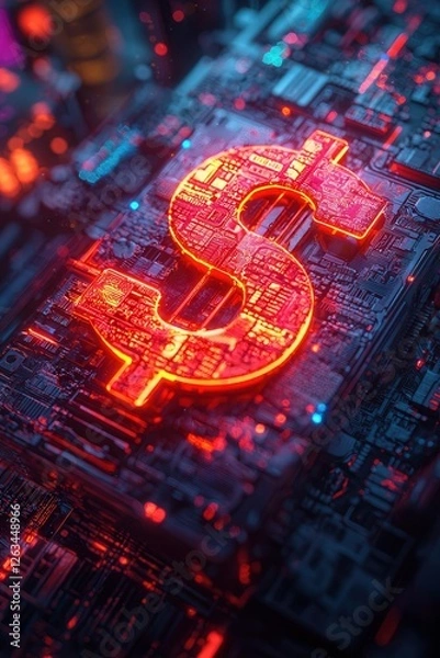 Fototapeta Glowing neon dollar sign on a futuristic circuit board, symbolizing digital finance, cryptocurrency, and the technological evolution of the economy