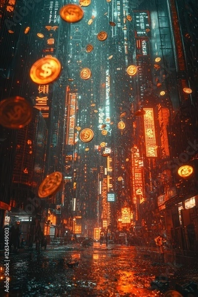 Fototapeta Futuristic cyberpunk cityscape with glowing neon signs and floating digital coins, creating a dystopian atmosphere with a blend of technology and finance