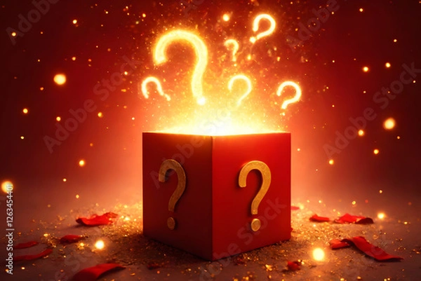 Fototapeta Mystery boxes and surprise boxes with glowing lights and question marks. The background has a gradient of warm red shades.