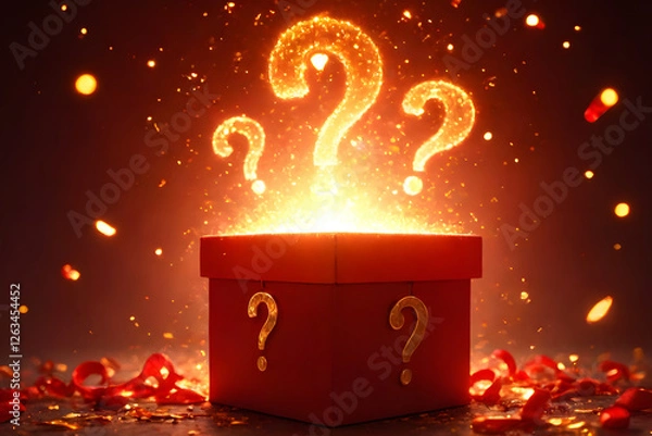 Fototapeta Mystery boxes and surprise boxes with glowing lights and question marks. The background has a gradient of warm red shades.