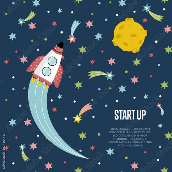 Fototapeta Start up cartoon banner. Spaceship with flame trace from engines, fiery comets, falling stars, moon on blue background vector illustration. For planetarium, astronomical club, childrens cafe web page