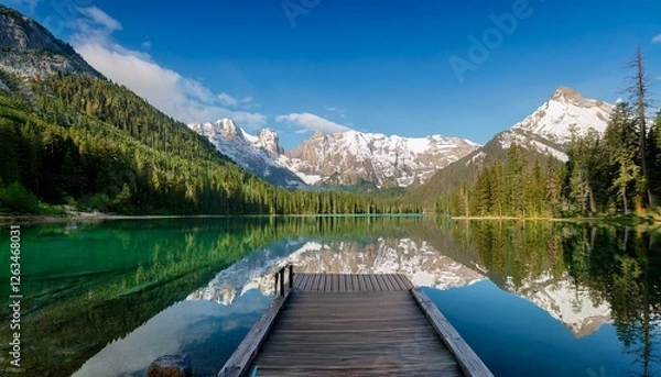 Fototapeta Beautiful wide shot of a lake and mountain in the background and a small deck leading to the lake, with pine trees, clouds, and snow covered mouintain tops 