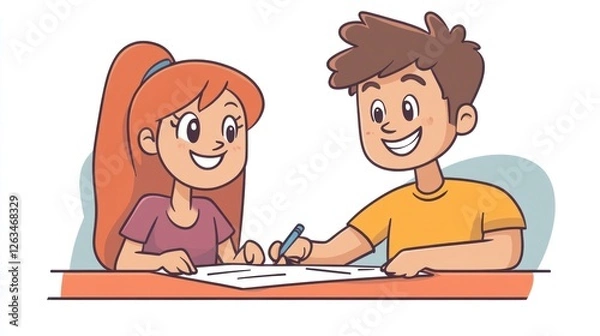 Fototapeta Two cartoon characters a boy and a girl are sitting at a desk writing or drawing together using a pen on white paper