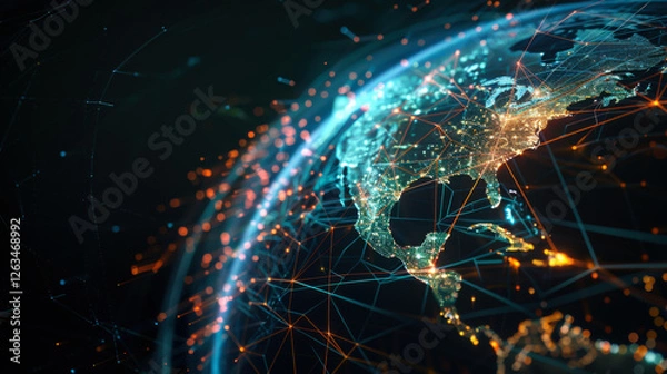 Obraz Global network connections highlight digital interaction across continents at night