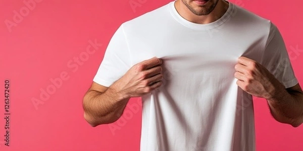 Fototapeta A white man wearing a plain, blank t-shirt mockup, capturing the garment's texture against an isolated background