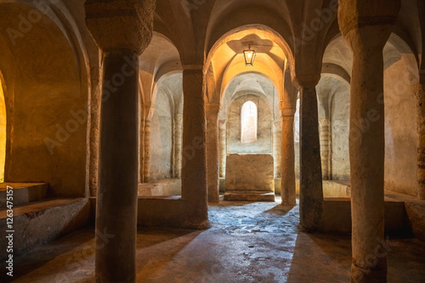 Fototapeta Ancient Romanesque Crypt with Stone Columns and Vaulted Ceiling, Noli, Savona, Ligury, Italy