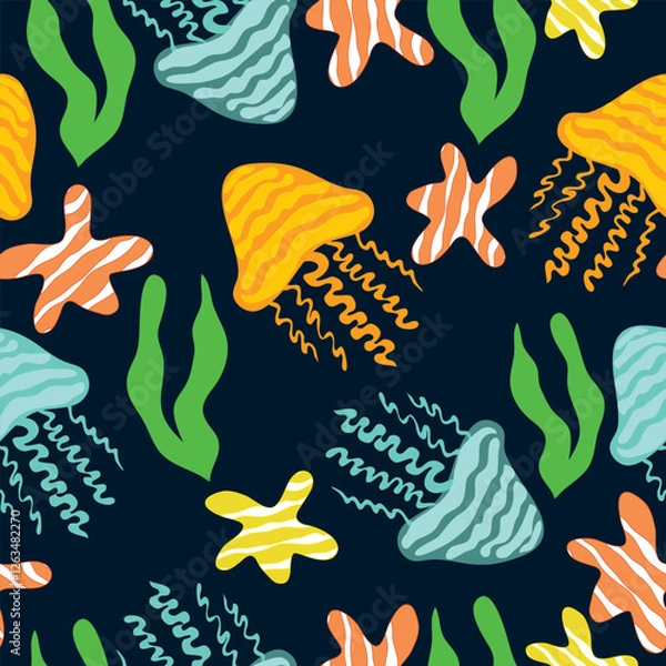 Fototapeta jellyfish, starfish, green ocean grass in deep sea seamless pattern. sea creatures with colorful vibe and vibrant tones seamless pattern.