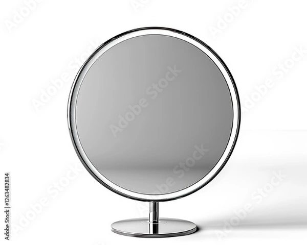 Fototapeta A sleek round makeup mirror on a chrome stand, white background.