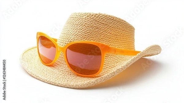 Obraz A stylish hat and sunglasses are displayed prominently against a clean white background, highlighting their fashionable design and summer appeal.