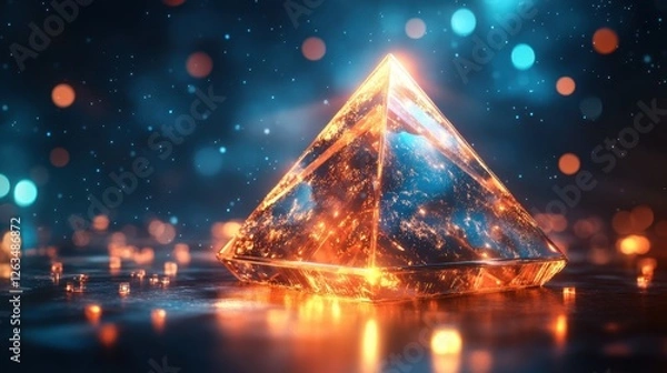 Fototapeta Abstract transparent glass pyramid with gold and silver lines on a midnight blue background, 3D rendering illustration