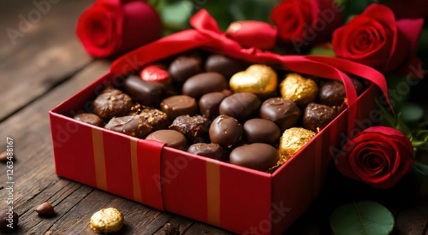 Fototapeta A variety of chocolates are beautifully arranged in a box, with a large red ribbon on top, surrounded by bright red roses and green leaves, creating a romantic and luxurious atmosphere.