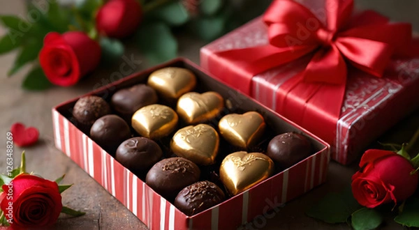 Fototapeta Chocolates in a red and white striped gift box, surrounded by fresh red roses and green leaves, creating a romantic and luxurious atmosphere.