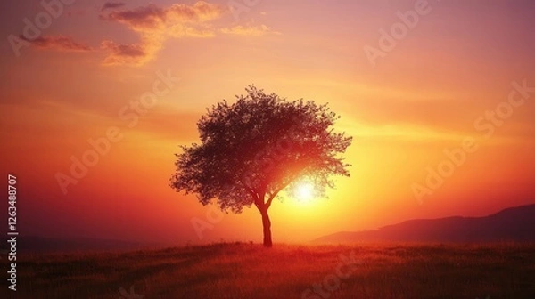 Fototapeta A serene sunset featuring a solitary tree in the foreground, framed by majestic mountains in the background, creating a tranquil landscape scene.