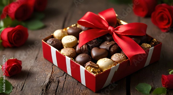 Fototapeta Chocolates in a red and white striped gift box, surrounded by fresh red roses and green leaves, creating a romantic and luxurious atmosphere.