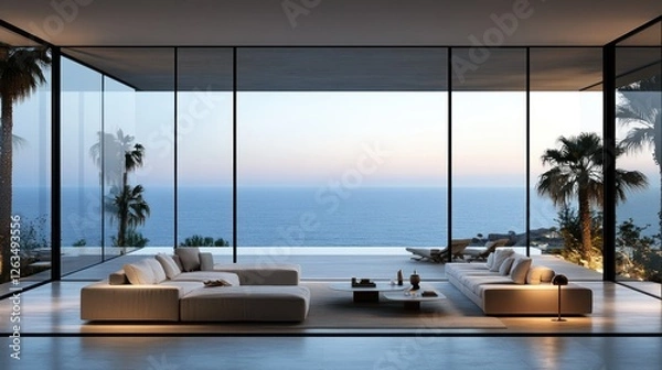 Obraz Modern beachfront living room with ocean views