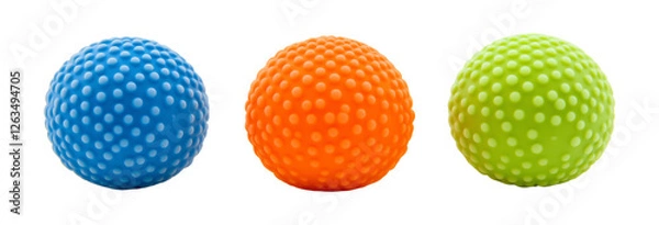 Fototapeta Three vibrant, textured balls—green, orange, and blue—are displayed against a transparent background, Three Colorful Textured Balls