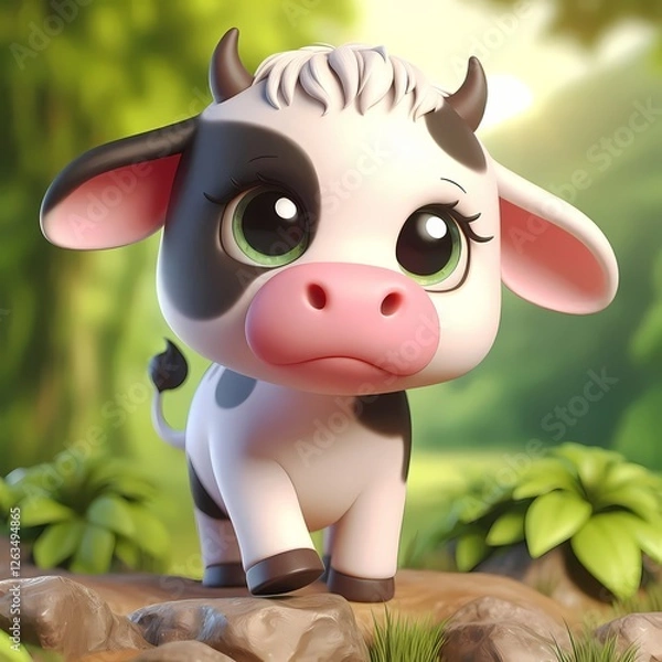Fototapeta A cute cartoon cow with big eyes standing in a vibrant green environment.
