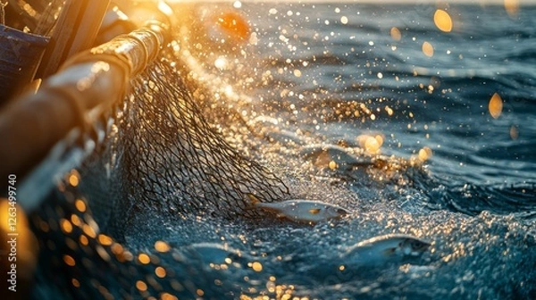 Obraz A trawl net is being pulled up from the water, heavy with fish and sparkling under the vibrant glow of the sun. The lively scene captures the excitement of a successful catch.