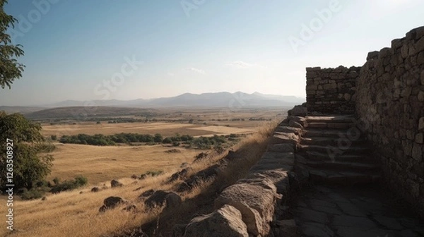 Fototapeta Ancient stone steps overlook vast dry landscape