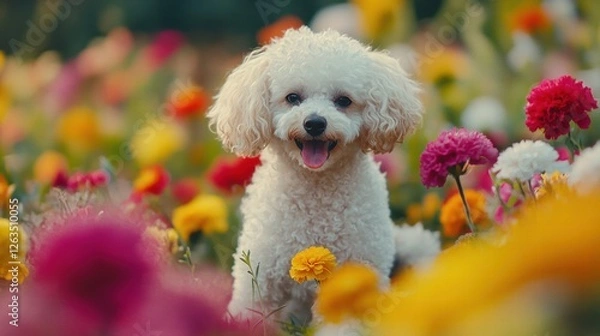 Obraz Poodle Playing in a Garden with Colorful Flowers.