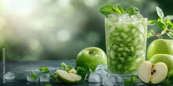 Obraz Refreshing green apple beverage garnished with mint leaves and ice in a natural setting