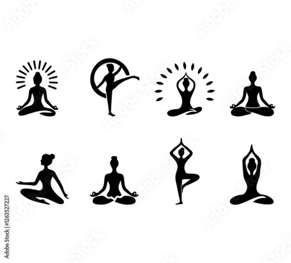 Obraz Set of yoga and meditation silhouette icons representing mindfulness and wellness