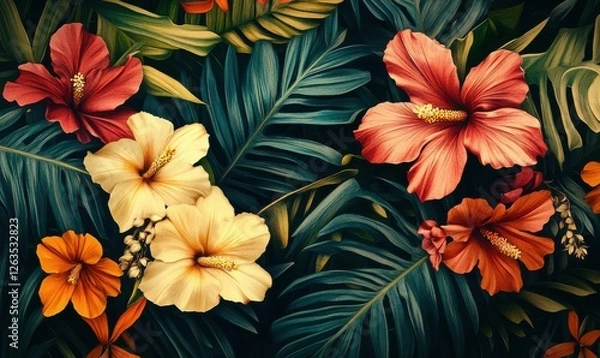 Fototapeta An energetic arrangement of tropical flowers with dense green leaves.