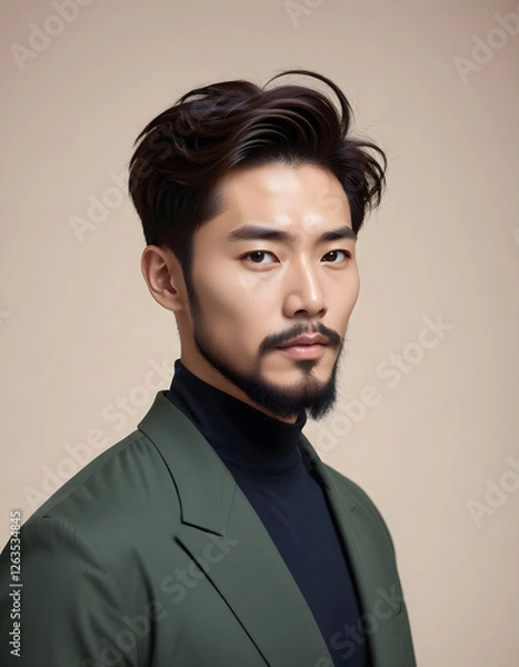 Fototapeta Confident Korean man with a neat beard, striking a pose