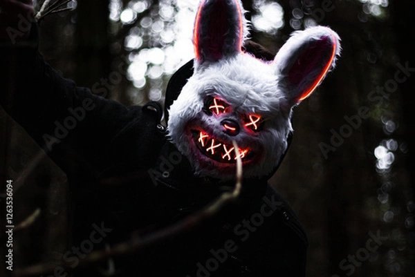 Obraz Scary Bunny Mask with Neon X Eyes - Halloween Fear in the Forest