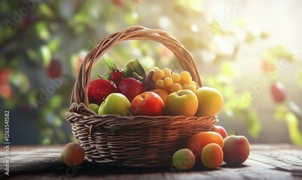 Fototapeta Brightly colored fresh fruits arranged in a wooden basket on a rustic table, highlighting healthy and vibrant living.