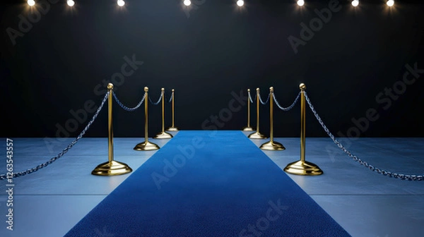 Fototapeta Elegant blue carpet pathway with golden stanchions and ropes, leading to a spotlight area, suitable for red carpet events, ceremonies, or celebrations