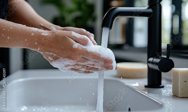 Fototapeta Close-Up of Hands Washing with Soap Under Water Flow in Modern Kitchen Sink Prioritizing Hygiene and Cleanliness in Contemporary Home Environment