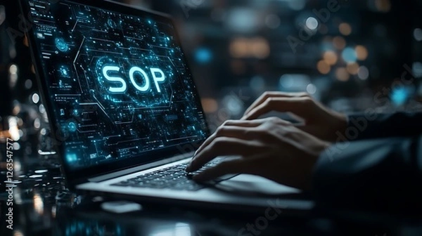 Obraz Person using laptop with SOP displayed on screen.