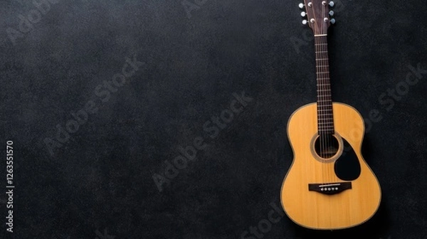 Fototapeta Acoustic guitar on dark textured background, flat lay. Possible use music education, instrument store display