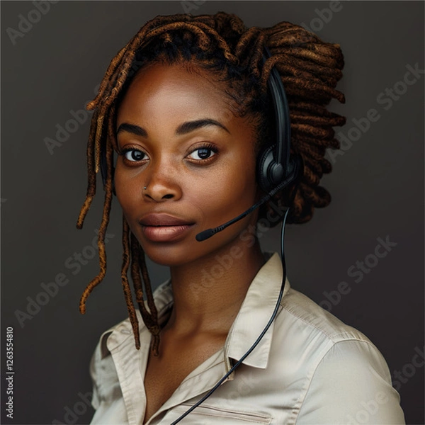 Obraz Beautiful black woman with headset, Customer service website design graphic, Website icon of a customer advisor, Call center website