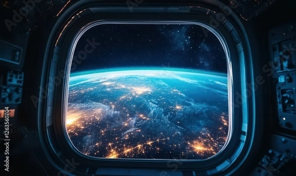 Obraz Spacecraft window framing the glowing Earth with dazzling clarity, capturing the wonder and beauty of our fragile planet.
