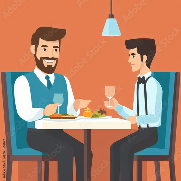 Fototapeta Two Men Enjoying Dinner Together in a Cozy Restaurant Setting with Plates of Food and Glasses of Wine on a Romantic Evening