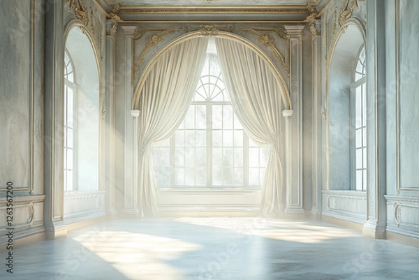 Fototapeta Elegant generative ai depiction of a bright, empty room with ornate classical architecture and large windows letting in sunlight